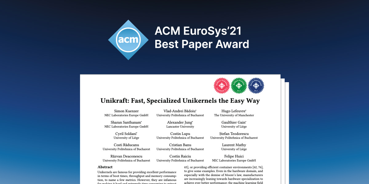 Unikraft receives 'Best Paper' award at EuroSys21